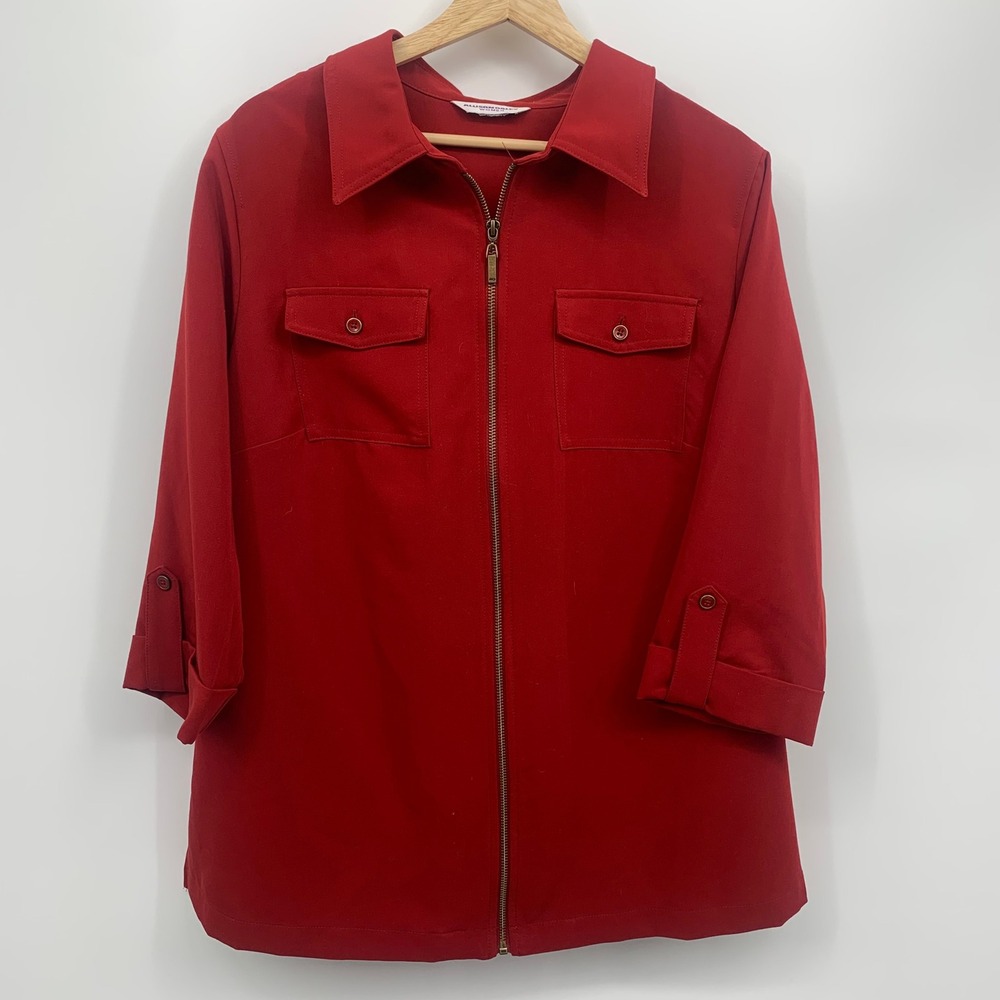 Allison Daley Shirt Jacket Women L Red Excellent Zip Front Utility 3/4 Sleeve